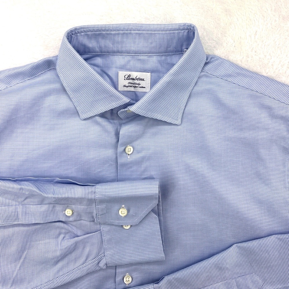 Stenstroms Mens Dress Shirt 17 Blue Micro Gingham Fitted Body Twofold Cotton